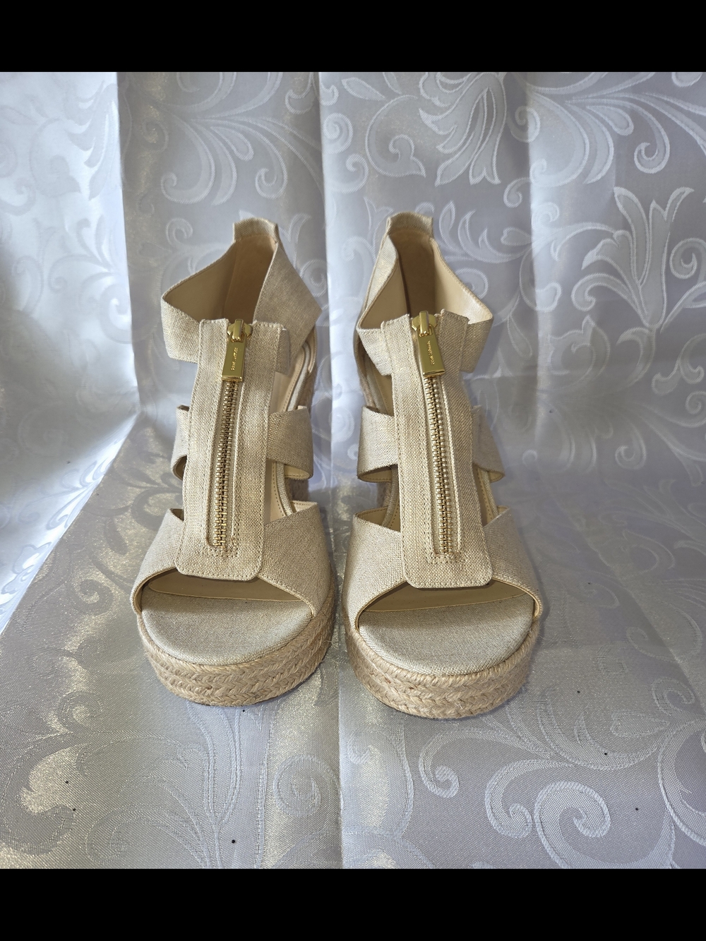 Michael Kors Gold Espadrille Wedge Sandals with Front Zipper